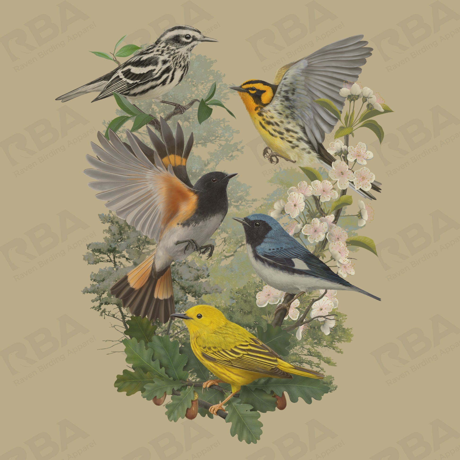 Illustration of various birds with a floral and leafy background
