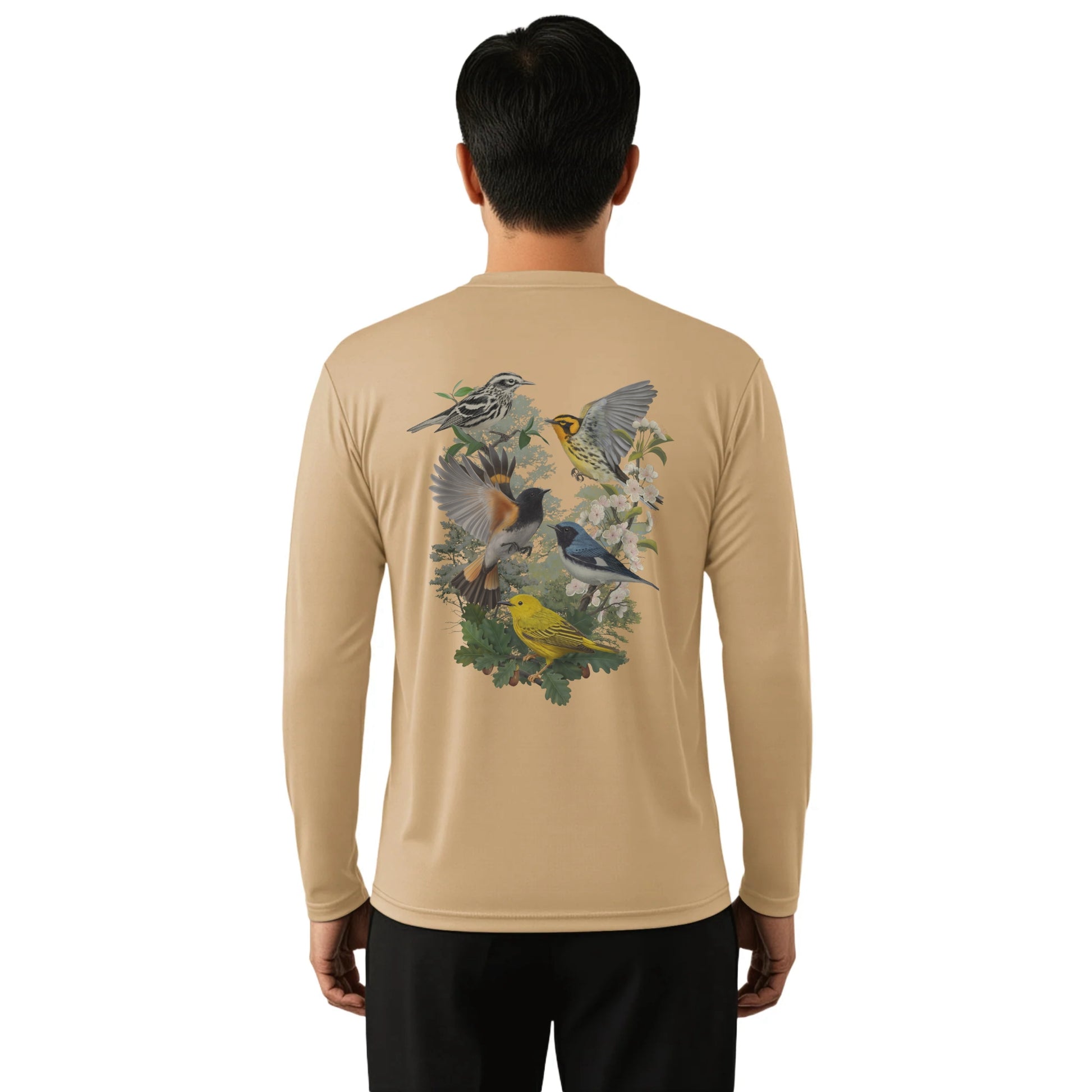 Beige long-sleeve shirt with bird design on the back worn by a person