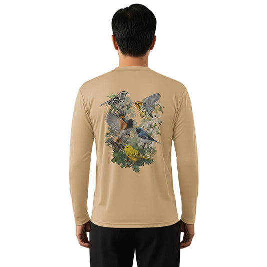 Beige long-sleeve shirt with bird design on the back worn by a person