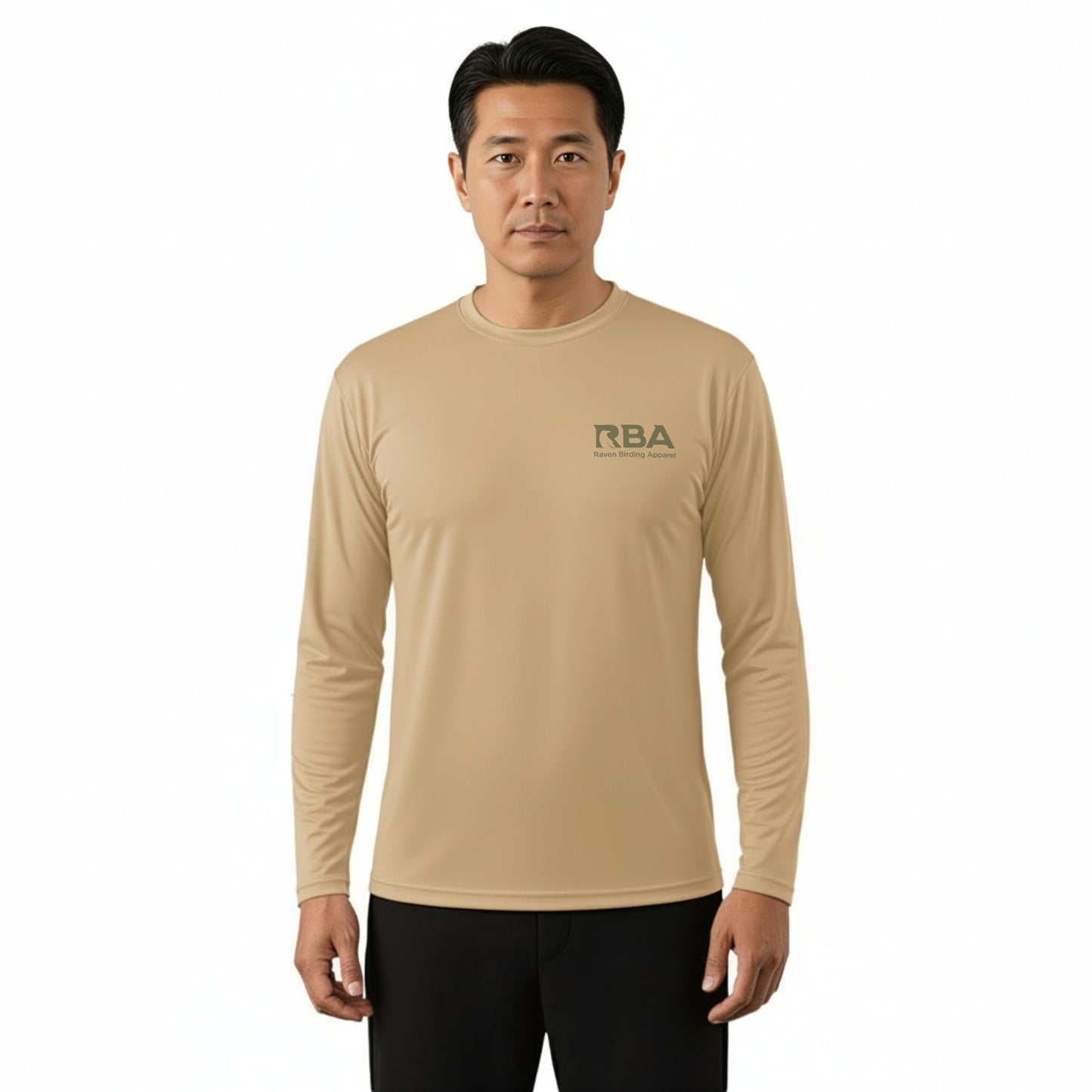 Man wearing a beige long-sleeve shirt with 'RBA' logo on a white background