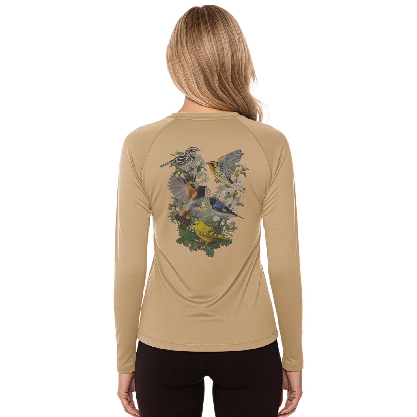 Beige long-sleeve shirt with bird design on the back, worn by a person.