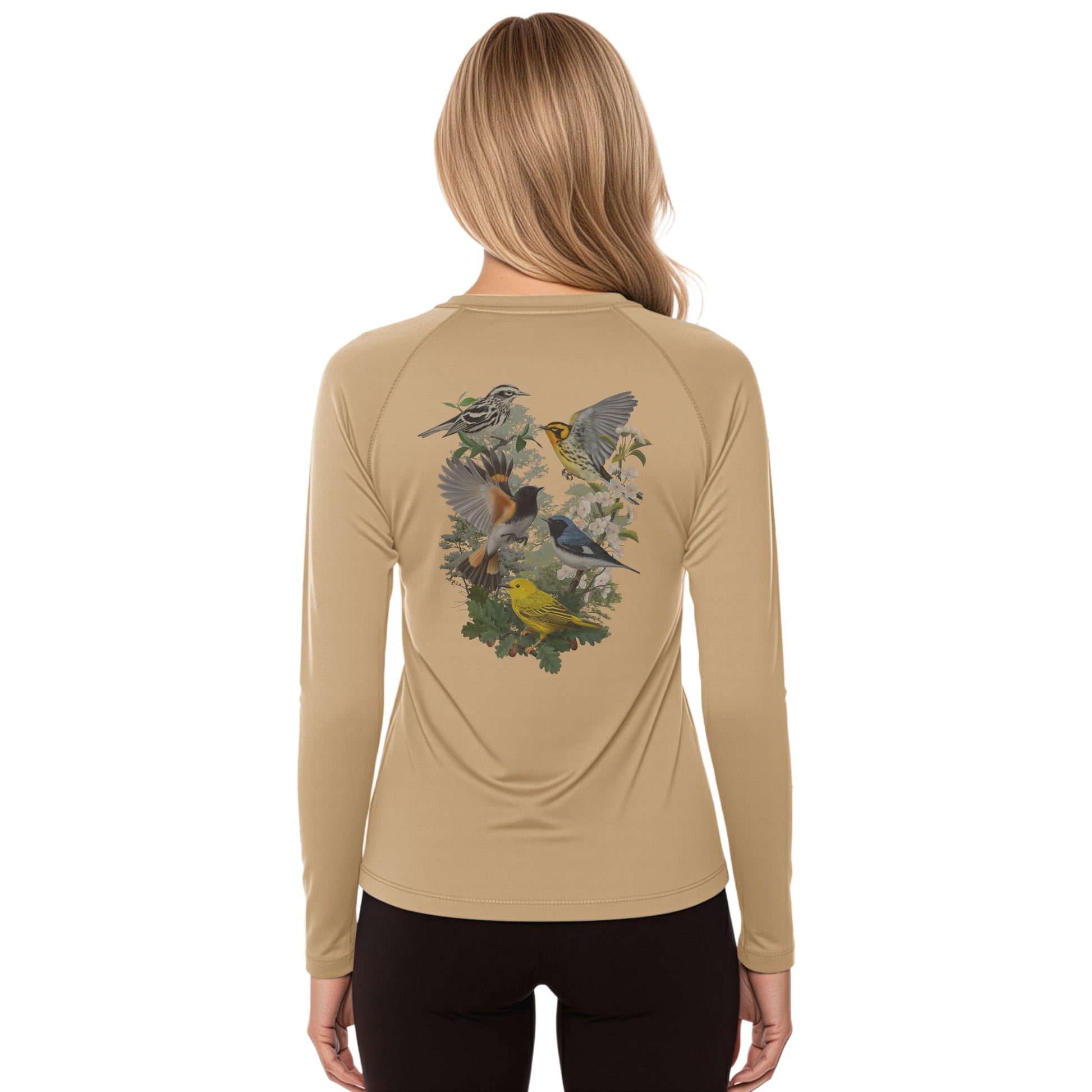 Beige long-sleeve shirt with bird design on the back, worn by a person.