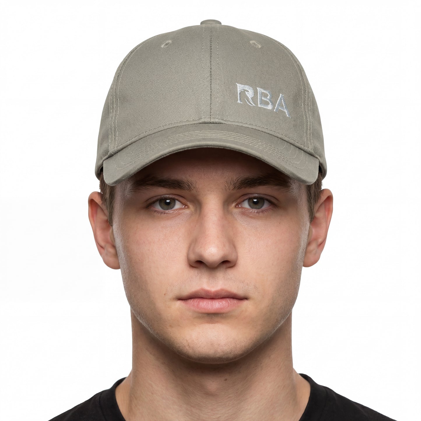 Man wearing a stone olive cap with 'RBA' logo on a white background
